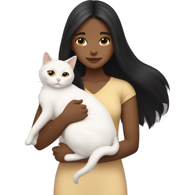 girl with very long black hair and light brown skin hugging a white cat emoji