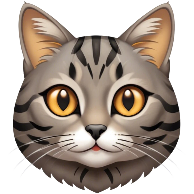 Cinematic Cute Grey and Black Brown Tabby Cat Portrait Emoji, Head tilted playfully and inquisitively, sleek grey-brown fur with bold black tabby stripes and a distinctive M-shaped marking on the forehead, sparkling amber eyes, Simplified yet irresistibly adorable features, highly detailed, glowing with a warm, friendly glow, high shine, affectionate and curious, stylized with a touch of whimsy, bright and endearing, soft glowing outline, capturing the essence of a mischievous yet loving kitten, so playful it feels like it could pounce out of the screen and into your arms! emoji