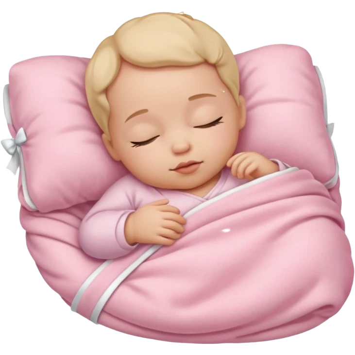 Sleeping baby in a light pink blanket with a white bow on top of it emoji