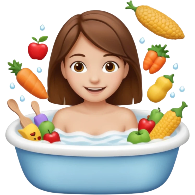 bath, food, toys, brown hair girl emoji