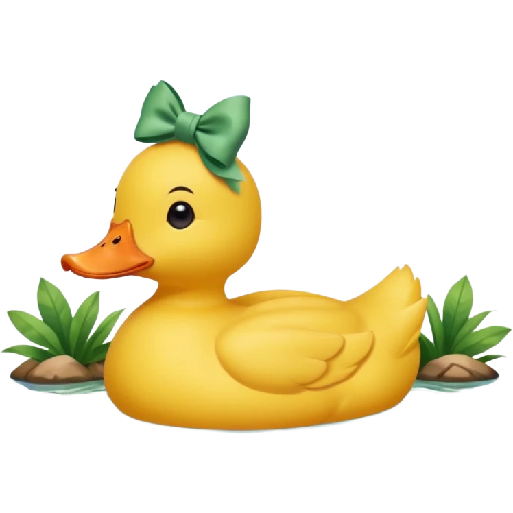 a yellow duck with a bow on its head in a lake surrounded by nature emoji