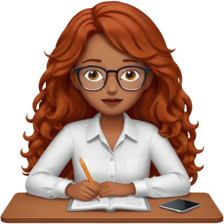 Pretty brown model, brown eyes, soft long red wavy hair, falling asleep at desk emoji