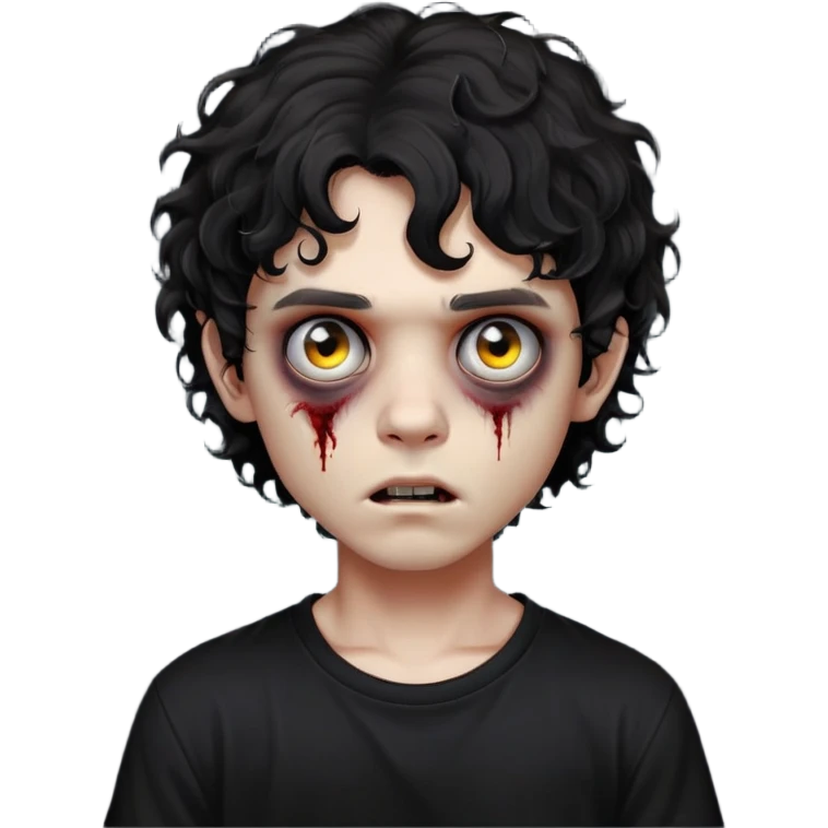Boy, zombie, black curly wavy hair, medium hair, emo, round shaped hair, dark hair, spooky, creepy expression, fringe in the eyebrows height, with Black t-shirt  emoji