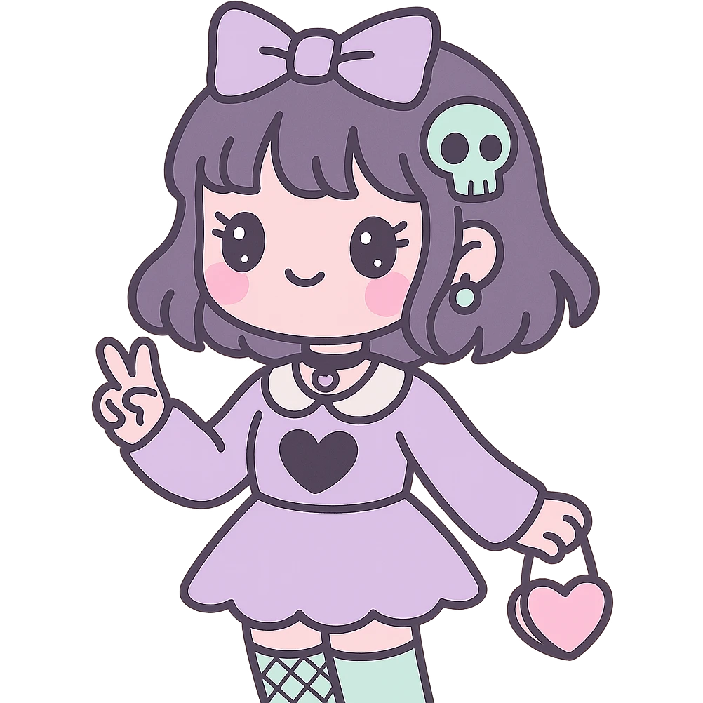 gothic K-pop girl in dreamy pastel goth style, soft colors, gothic details, whimsical pose, cute accessories emoji