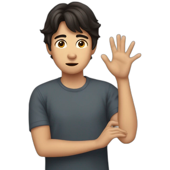 It was not me, dark hair I am innocent confused nervous little man raising palms up in surrender and staring emoji