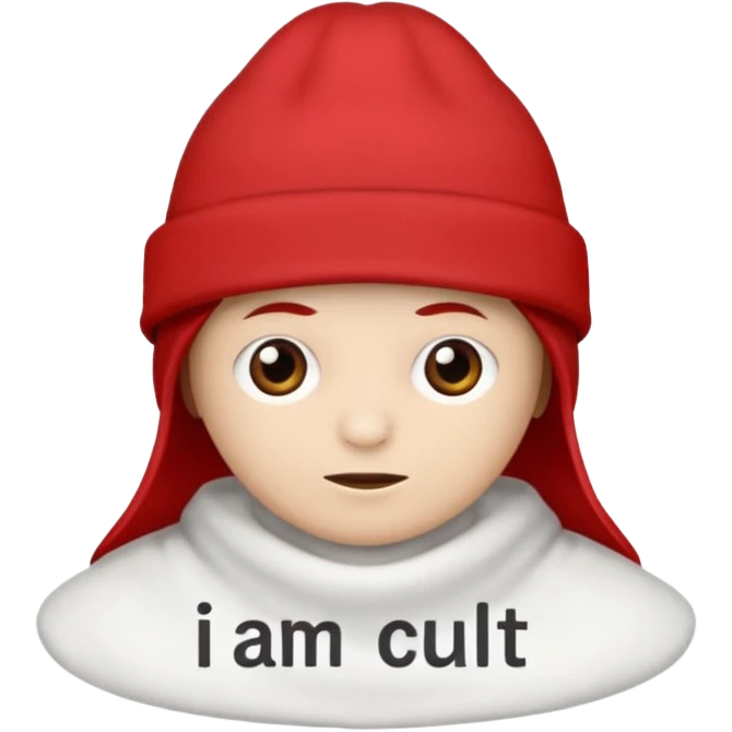 Red hat that says "I AM IN A CULT" in white text emoji