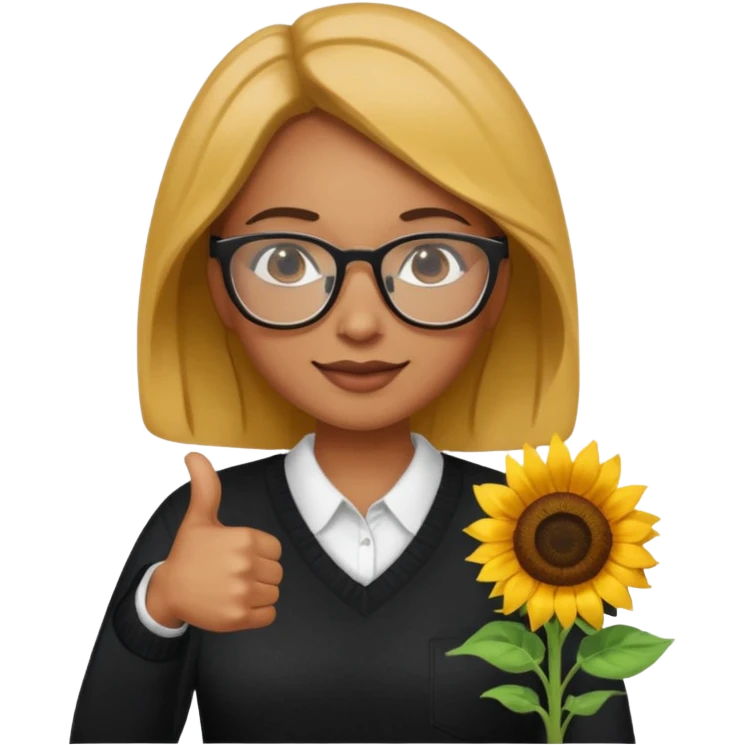 Make my biology teacher shes light brown, wears glasses, female, fat, all black sweater down and sunflower shirt under and make her give 1 thumbs up emoji