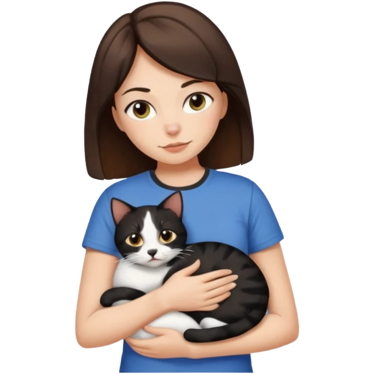 Brunette woman wearing a tshirt snuggling black brown and white calico cat emoji