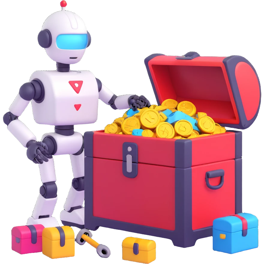 an AI robot opening a treasure chest, releasing colorful ideas and tools, representing AI unlocking human potential for strategic thinking emoji
