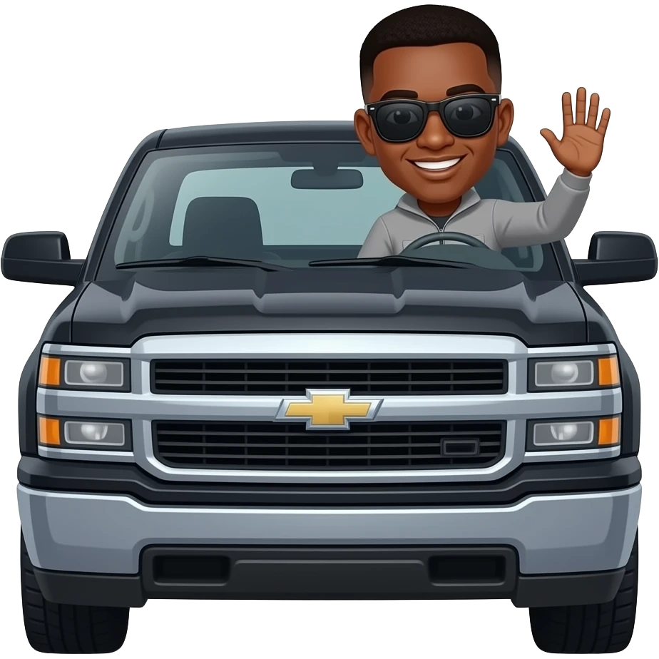make a black skinned 20 year old man with a low taper fade in a black chevy truck with rich black sunglasses on smiling and waving out the window in a grey quaterzip and the viewing is from the front of the truck emoji