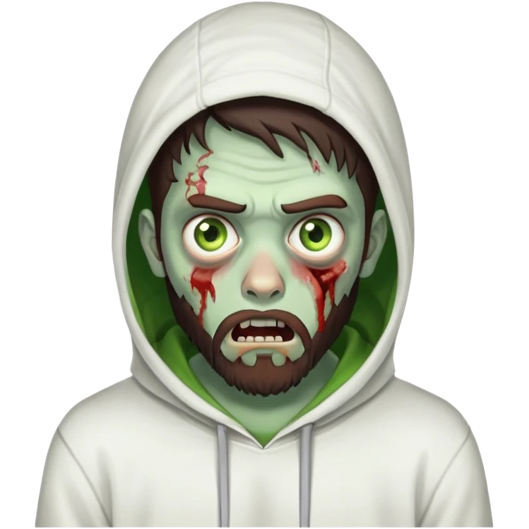 zombie with shocked expression, undercut hairstyle with dark brown hair, short full beard, heterochromia with one green eye and one brown eye, wearing plain white hoodie emoji