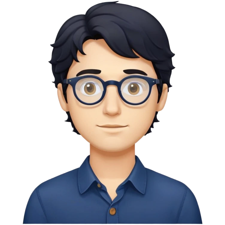 Upper body only of young caucasian man with longer wavy black hair, round glasses, wearing comfortable dark blue buttoned shirt emoji
