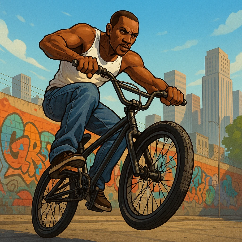 CJ from GTA San Andreas riding a BMX with a background emoji