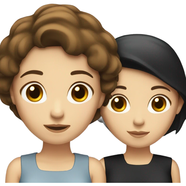 two caucassian woman with brown hair standing next to each other. One has black hair the other one has brown hair and is slightly shorter then the woman with black hair emoji