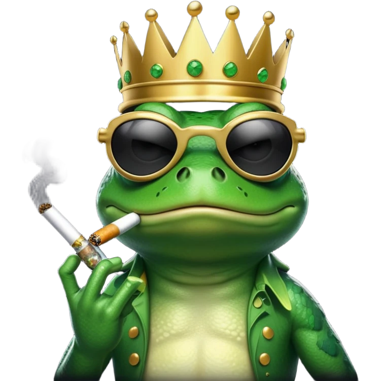 gangster frog wearing a gold crown smoking a marijuana joint, cool sunglasses emoji