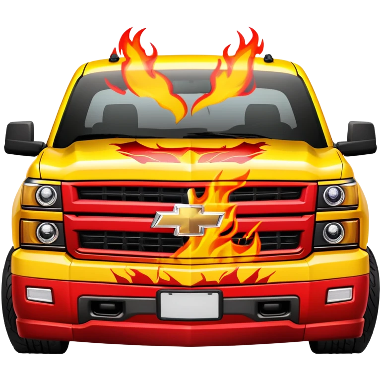 Bright yellow Chevrolet Silverado with red flame artwork exclusively on the front bumper, clean hood, exactly as in Kill Bill, 30-degree angle showcasing bumper detail, iOS emoji style emoji