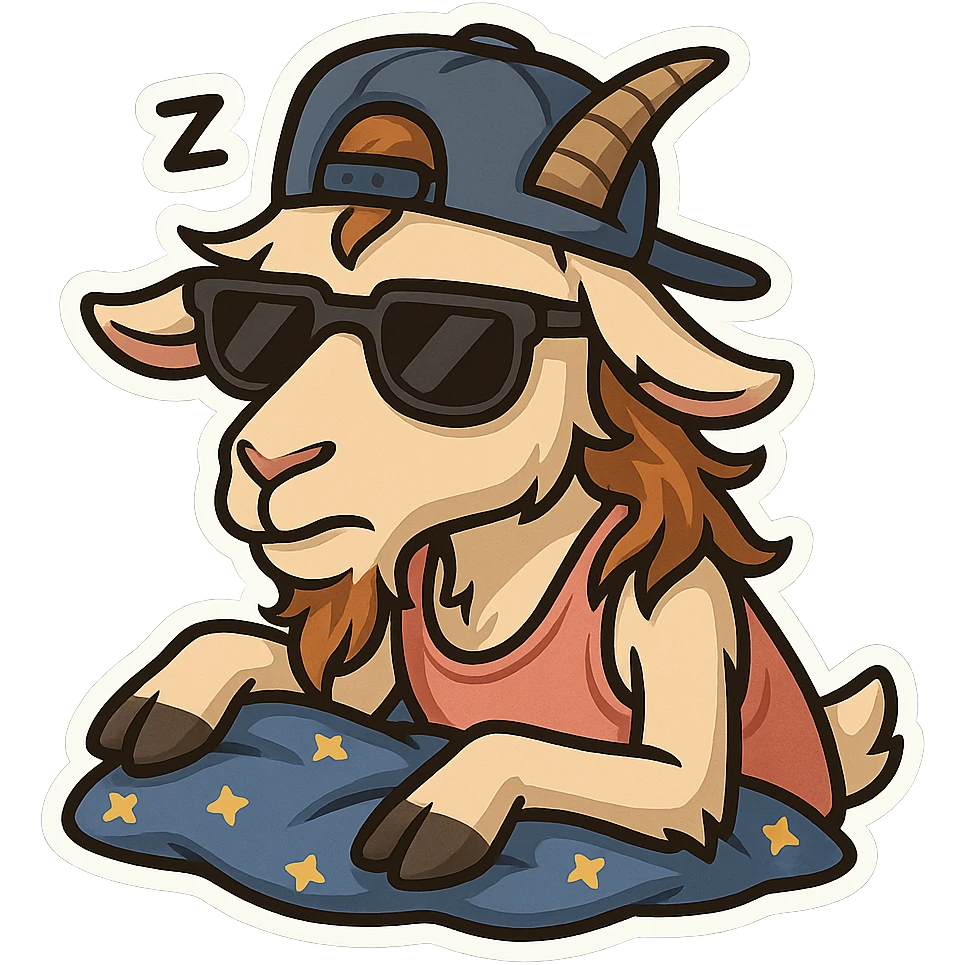 goat for Telegram stickers inspired by reference https://attic.sh/feoducyurkpqwz0la088soao98sx: wearing a cap, glasses, mullet hairstyle, pink drunkard tank top. спит на голубых тряпках с узором звездочка emoji