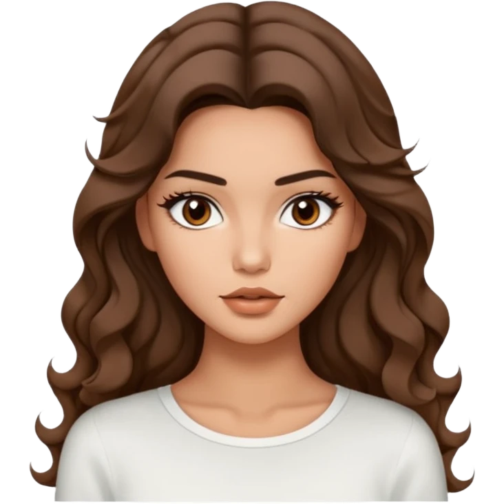 Beautiful woman model  large breasts  with brown  monolid narrow eyes tan skin, full lips  long curled hair model white  top Kendal Jenner  emoji