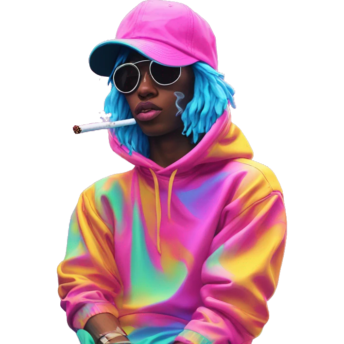 Multicoloured neon Vaporwave person smoking wearing hoodie dancing hip hop bucket hat tropical Skater fashion aesthetic baggy clothes graphic t shirt 420 emoji