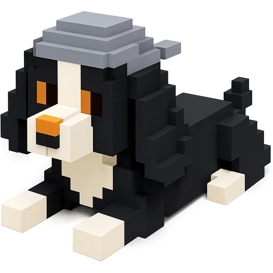 A black and white Russian Cocker Spaniel puppy wearing a gray durag, voxel style, lying down emoji