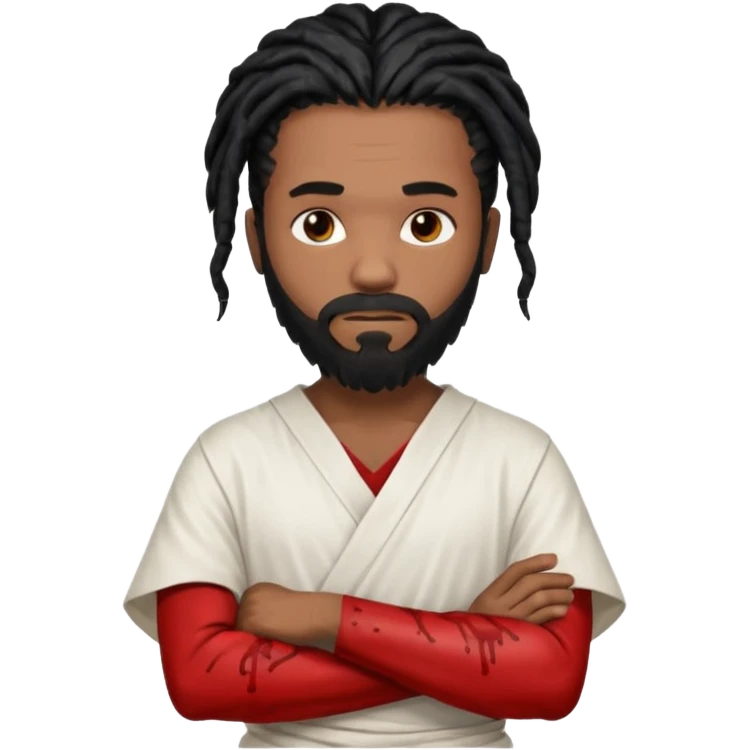 African American man with shoulder length black dreadlocks with black beard wearing a white tunic with blood on it with arms folded together emoji