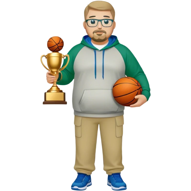  full body white obese male basketball coach with trophy. Goatee , Wearing glasses and blue and green hoodie and khaki pants emoji