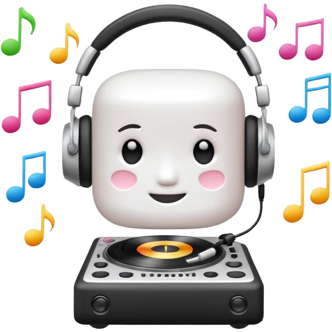 marshmallow head DJ with music notes around emoji