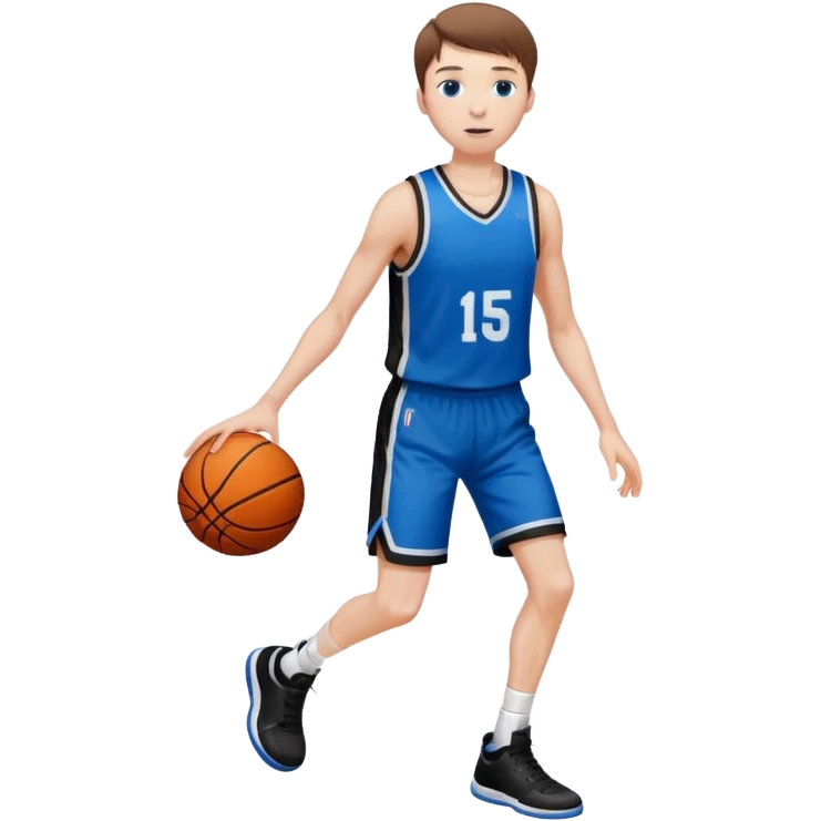 Tall, white, skinny, playing basketball, brown short hair, blue eyes, wearing black uniform
 emoji