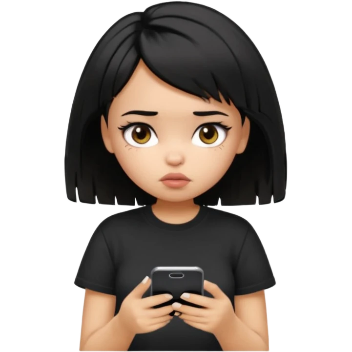 generate a pretty bratz girl with short black messy hair, looking tired and using her phone, wearing an oversized black tshirt emoji
