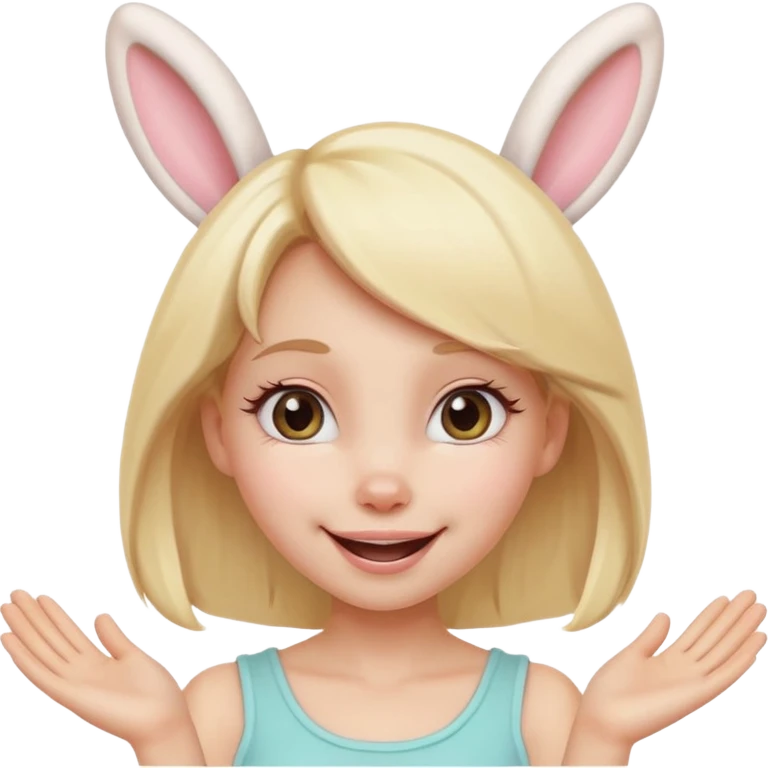 A playful blonde female cartoon character with wide, mischievous eyes, smiling, bunny ears accessory, dynamic pose suggesting movement, pastel colors, minimalistic and cute emoji style. emoji
