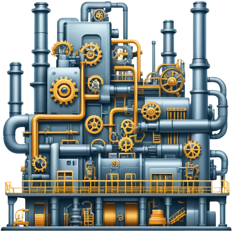 An icon featuring a giant factory with industrial machines and assembly lines, symbolizing mechanical engineering. The design includes gears, robotic arms, and blueprints, representing the creation of machinery and complex systems. Transparent background highlights innovation in manufacturing emoji