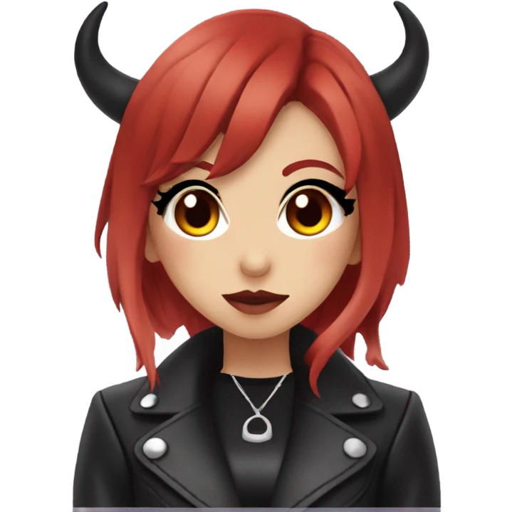 demon hime gyaru girl, black eyes, red hair, demon horns, leather coat emoji