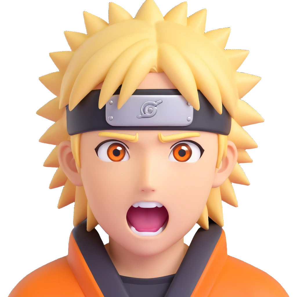 shocked Naruto with spiky blond hair, wide eyes, mouth open, orange headband, anime style, simplified for 3D iOS emoji emoji