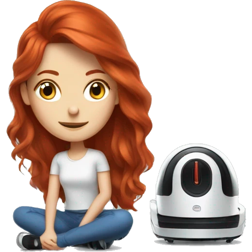 A long haired redhead lady sitting next to a robot vacuum  emoji