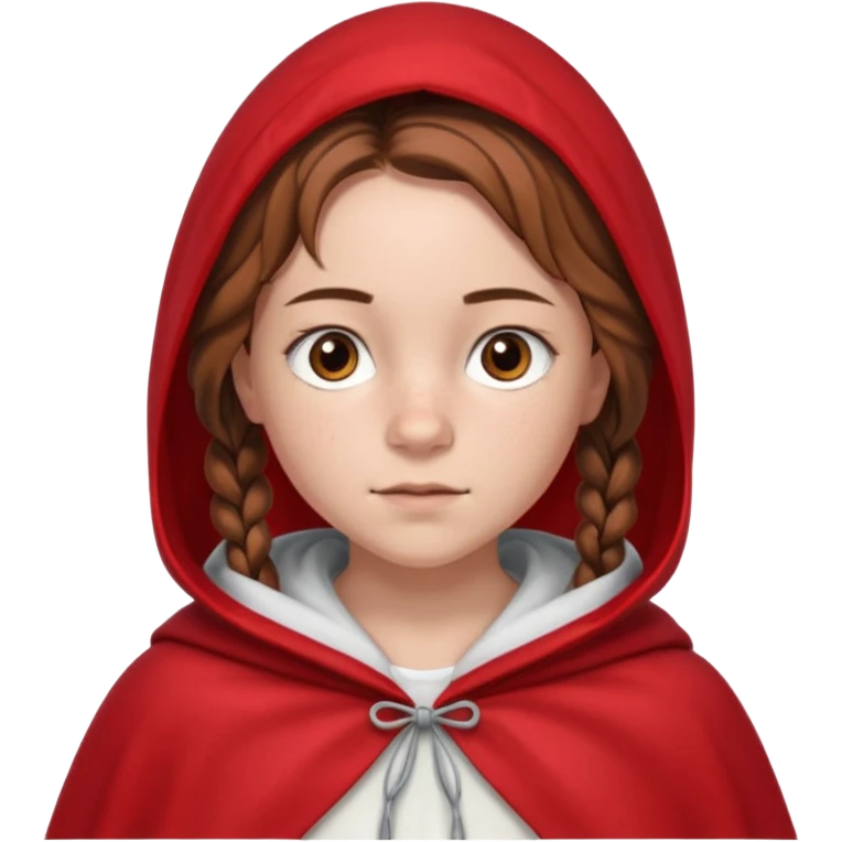 a 12 year old girl with fair skin, freckles, and brown hair done in French braids that come down to her breasts. she has a red hooded cape with the hood drawn. she has big, brown eyes and normal eyebrows emoji