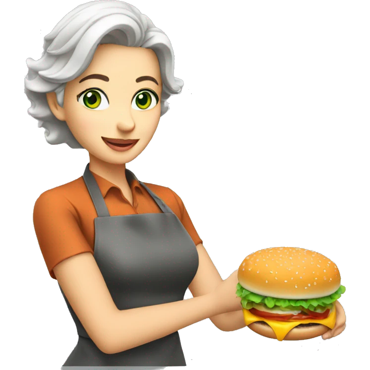 blonde gray-haired cook with green eyes making burger emoji
