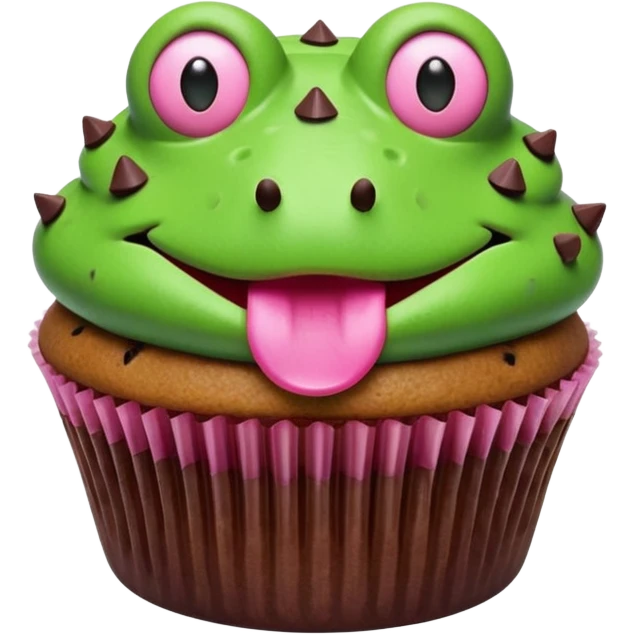 cupcake with frosting decorated to look like a frog face emoji