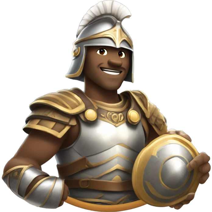 A gladiator in light armor and a helmet, extending a scroll as if offering a gift, with a friendly and relaxed smile.

 emoji