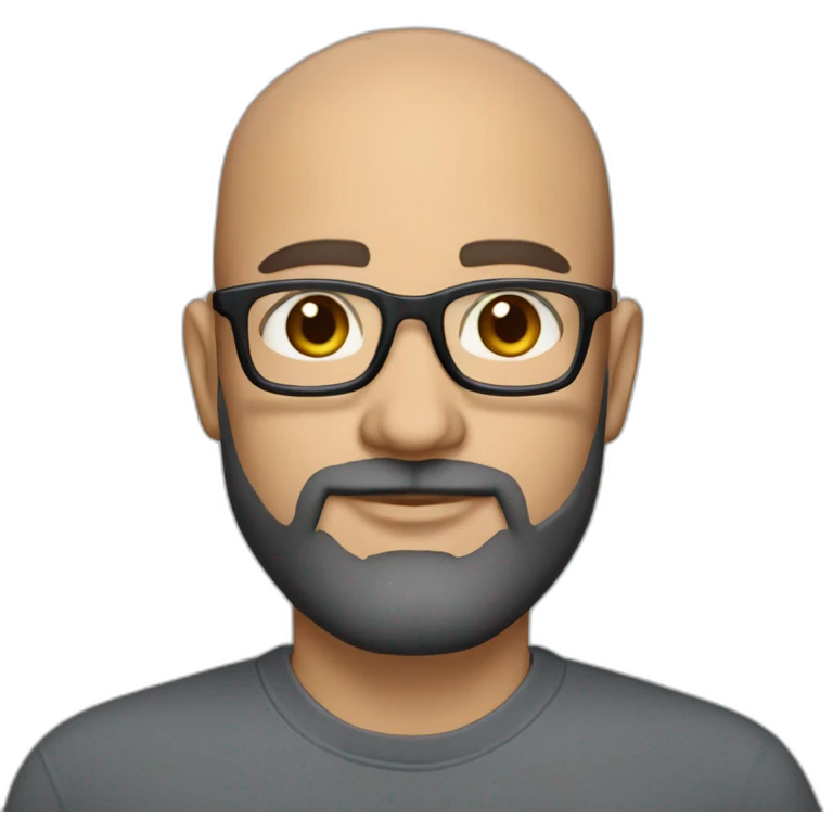 marketing strategist, 40 years old,with brown eyes, light caukassian skin,short black grey beard, bald, wearing bold glasses, and shirt emoji