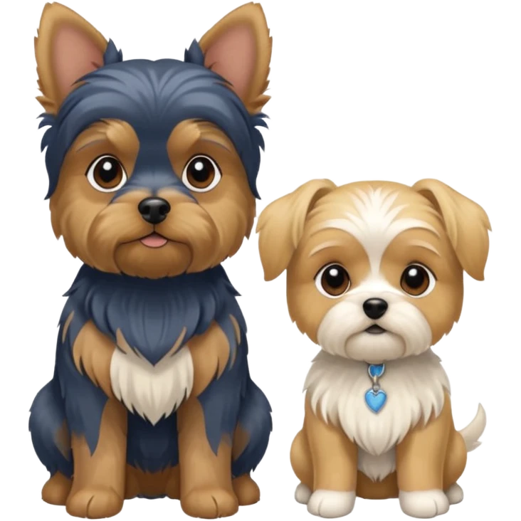 Generate a blue and tan purebred yorkie with a blonde shi tzu yorkie mix with floppy ears sitting next to each kther emoji