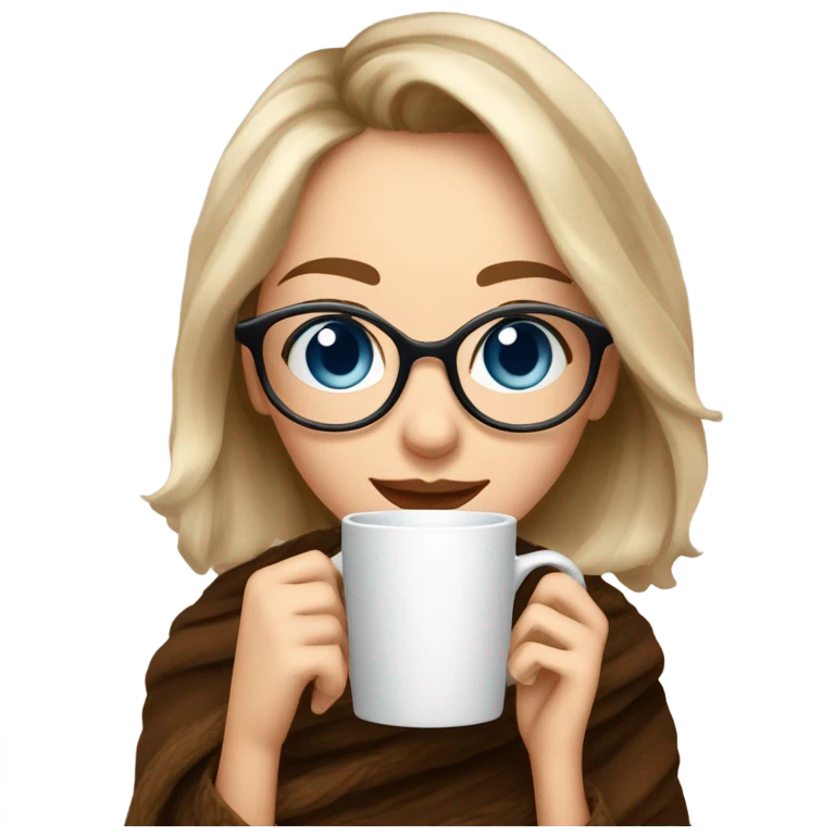 Balayage short hair Girl drinking coffee, with a cozy blanket wearing glasses with blue eyes beautiful  emoji