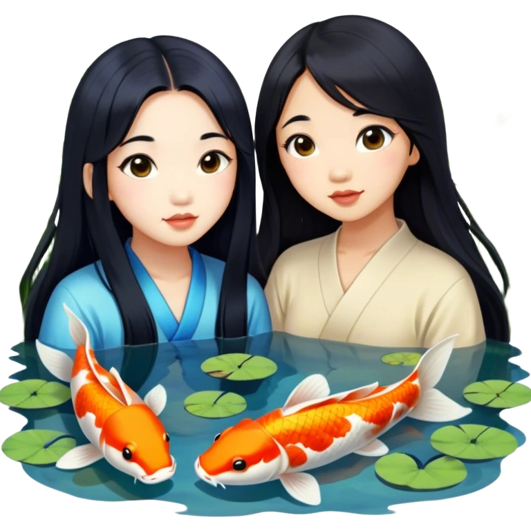 two asian girls long hair koi pond emoji