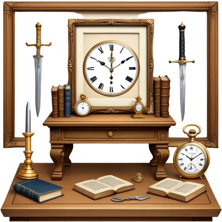 Icon for Antiques Collecting: antique carved  table, a vintage pocket watch and a porcelain figurine, all placed on a wooden antique carved table surrounded by aged books and antique swords. The icon should evoke the elegance and history of antique collecting. Transparent background. emoji