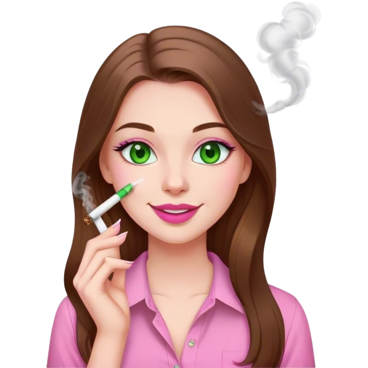 white skinned girl with green eyes and long brown hair smoking a white joint smiling in a pink shirt with pink lips emoji