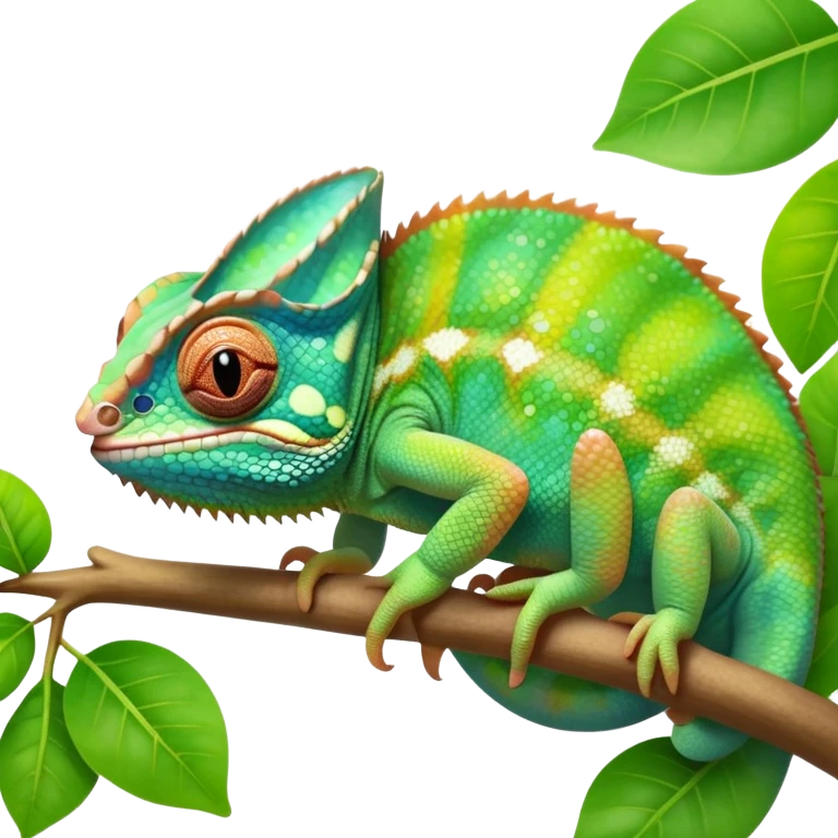 cinematic cute-smiling baby chameleon-realistic emoji,-blending-with-vibrant-greenery.-detailed-scales-in-shifting-colors,-showing-the-chameleon’s-ability-to-camouflage.-soft-natural-light-highlights-its-texture.-light-background, zoomed into its face emoji