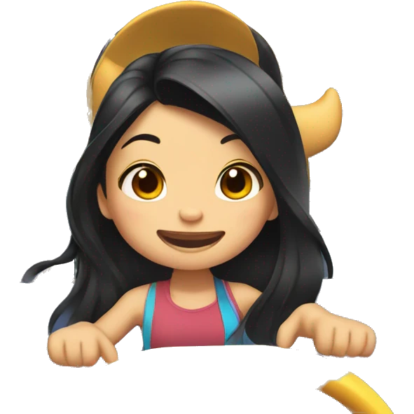Asian girl long dark hair on a roller coaster with stitch emoji
