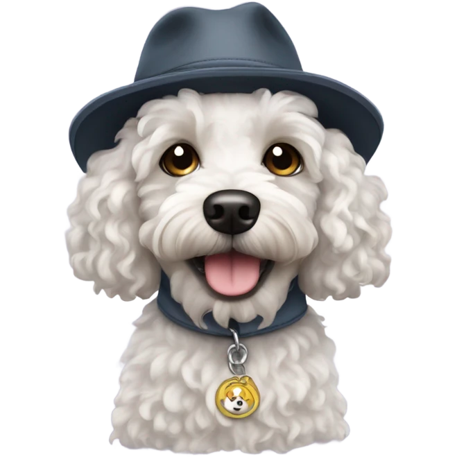 A white curly haired dog / cavapoo wearing chav clothing  emoji