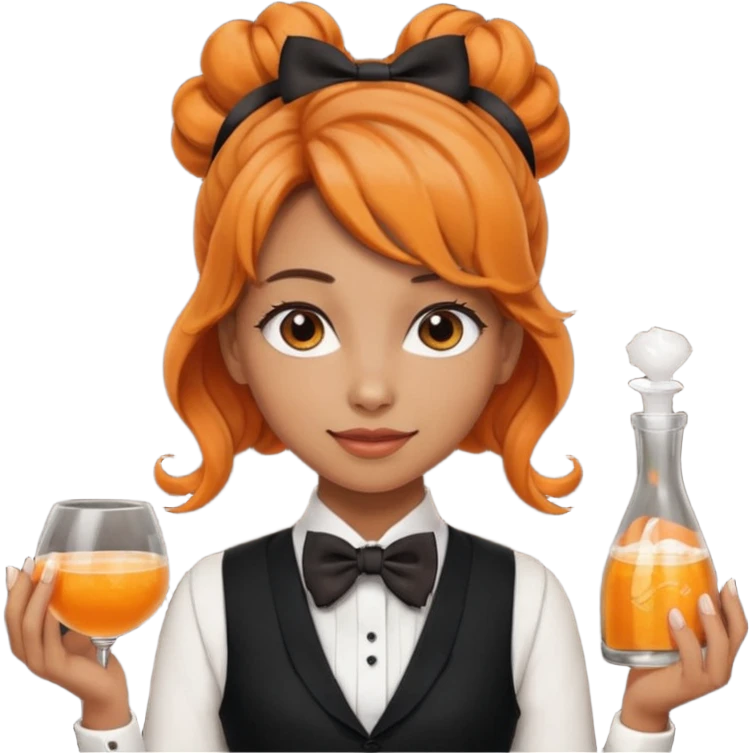 a bartender lady with bow tie and vest, having orange wavy bun hair















 emoji
