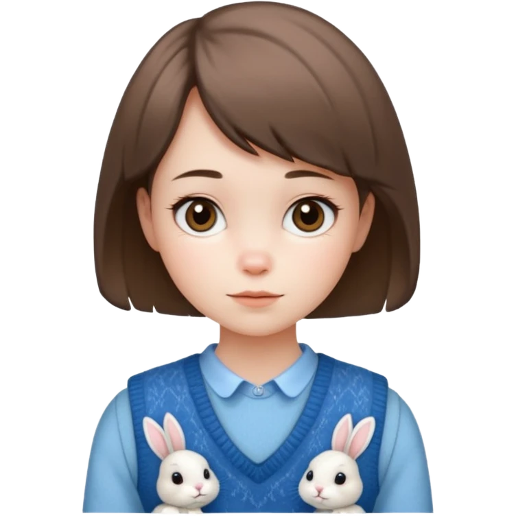 make a girl hair short and wear bunny skin pale ok and wear Sweater vests blue and make little bit a younger emoji