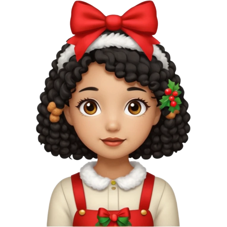 cute girl tan skin, curly black hair chin length, middle part, long eyelashes, cute cheeks, 5'2, outfit croquette style with bows and christmas theme emoji
